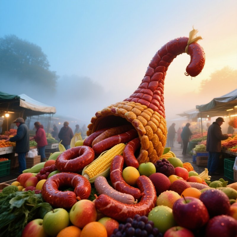 Giant Sausage Cornucopia At Farmers Market