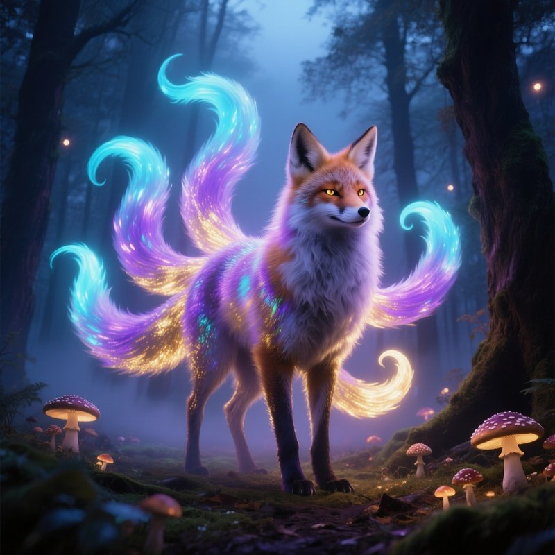 Giant Spirit Fox With Eight Glowing Tails