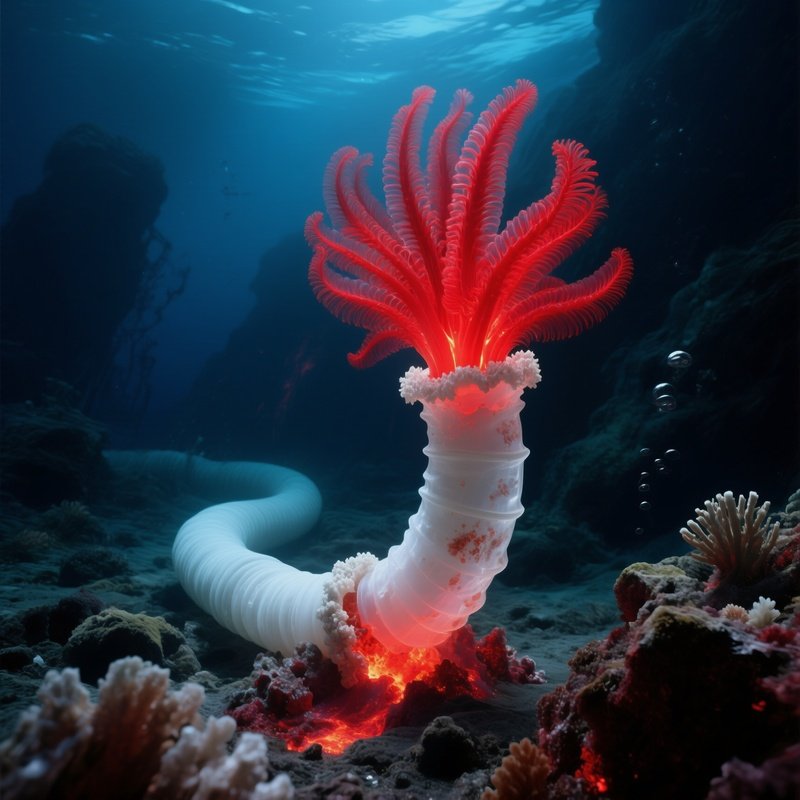 Giant Tube Worm Red Plumes Rising From White Mineral Tubes