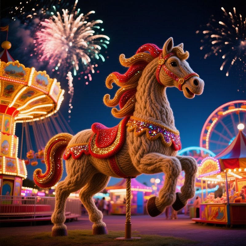 Gigantic Wool Carousel Horse At Night Carnival