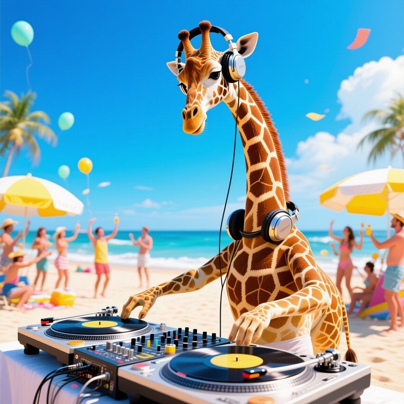 Giraffe Dj At Beach Party