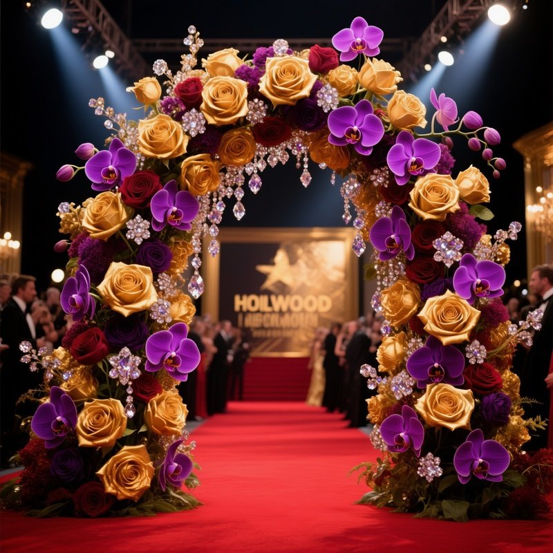 Glamorous Hollywood Red Carpet Backdrop With Floral Arch