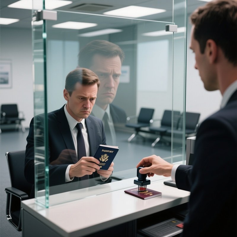 Glass Barrier: A View Through A Thick Plexiglass Barrier At A Bored Civil Servant Stamping A Passport, Capturing The Reflection Of The Waiting Room Behind.