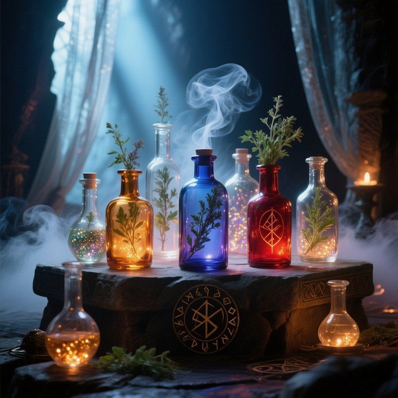 Glass Bottles Herbs Mystical Atmosphere