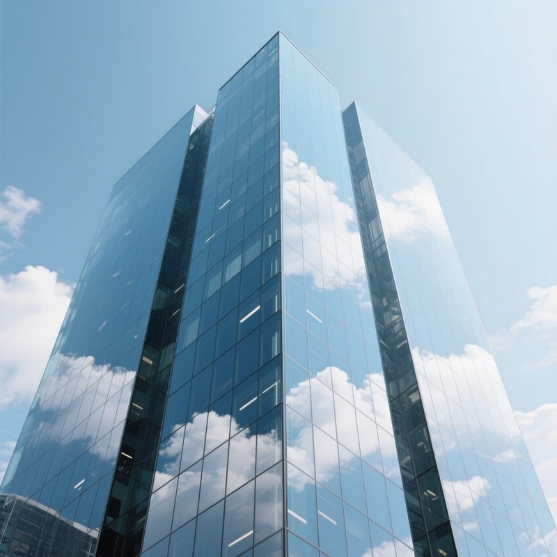 Glass Facade: A Modern, Gleaming Glass Office Tower Reflecting The Clouds, Symbolizing Corporate Transparency And Power.