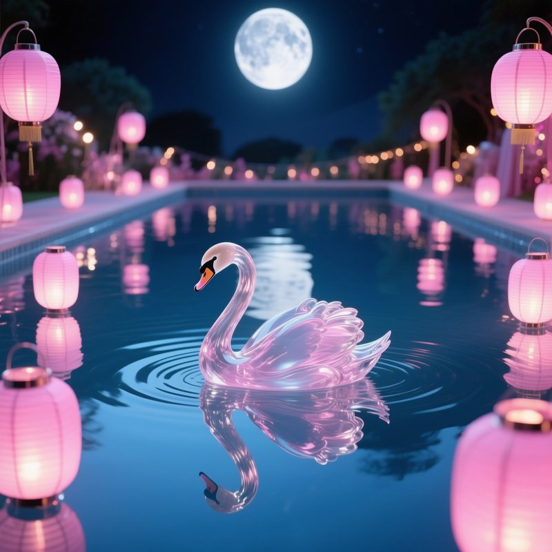 Glass Swan On Reflective Pool Moonlit Festival