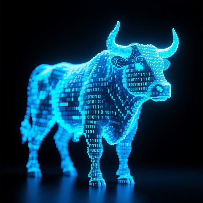 Glowing Blue Bull Binary Code