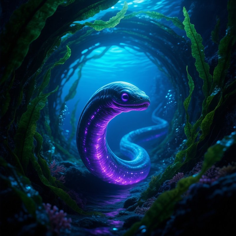 Glowing Eel Swimming Seaweed Tunnels Science Fiction Image