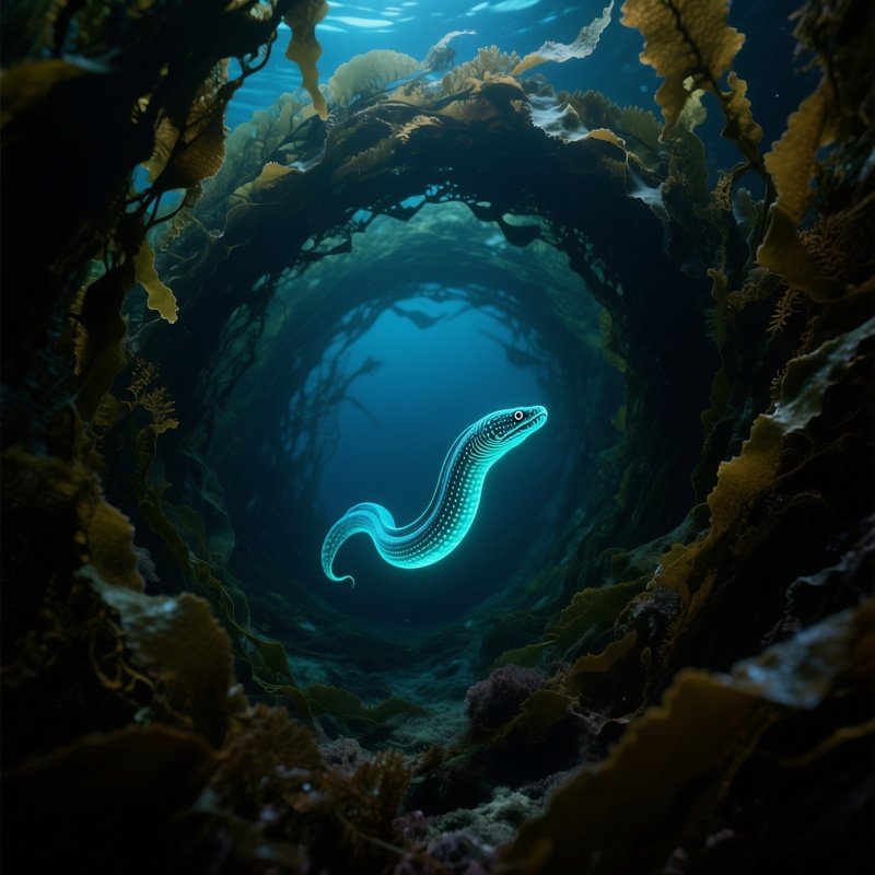 Glowing Eel Swimming Seaweed Tunnels Underwater Image