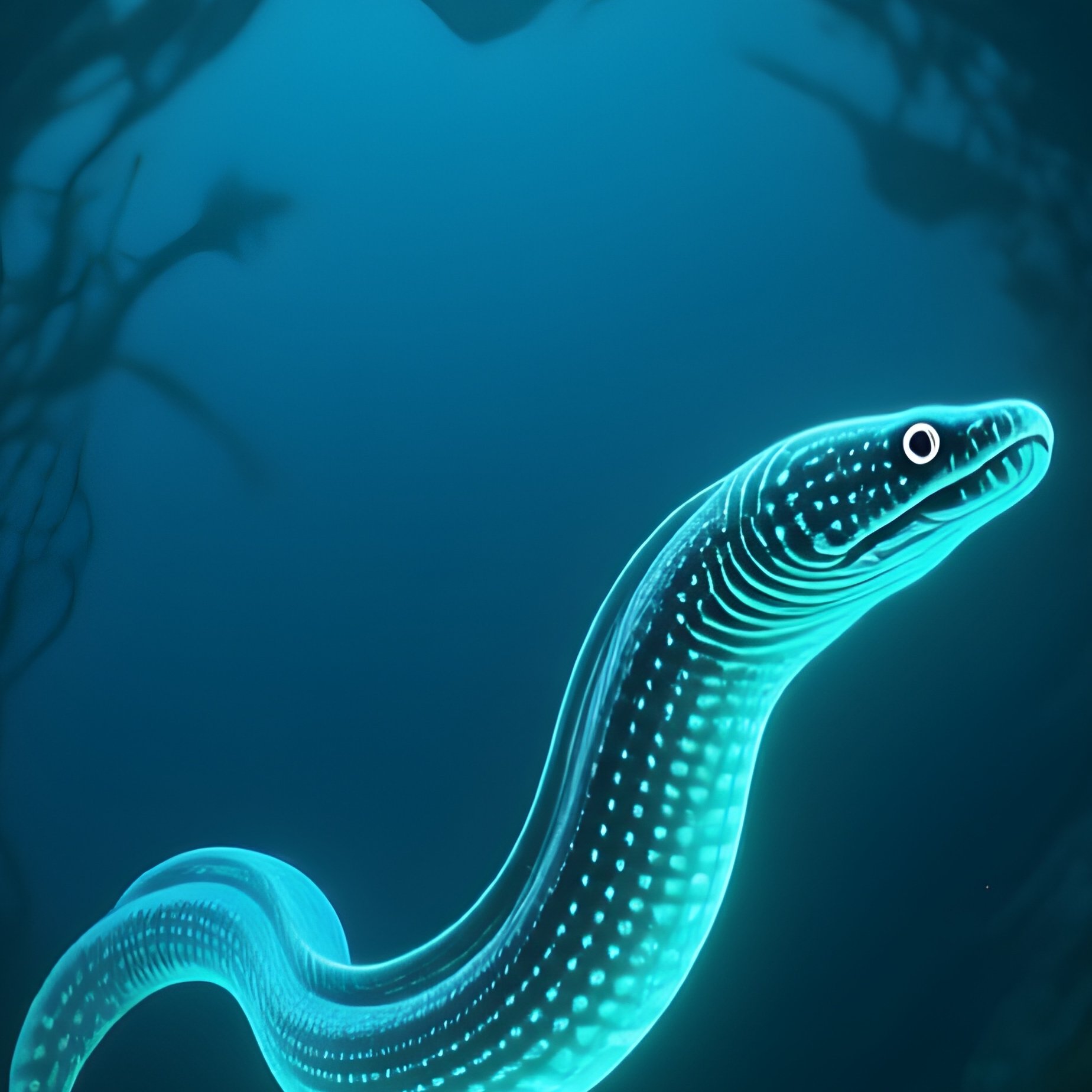 Glowing Eel Swimming Seaweed Tunnels Underwater Image - Full Resolution Quality Preview