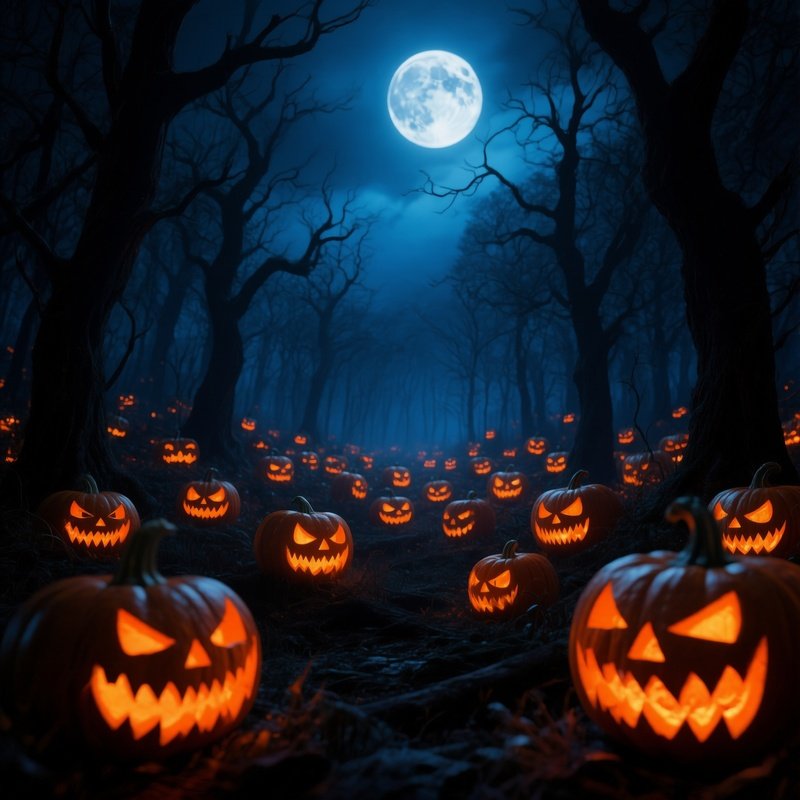 Glowing Jack O Lanterns In A Spooky Forest Halloween Pumpkin