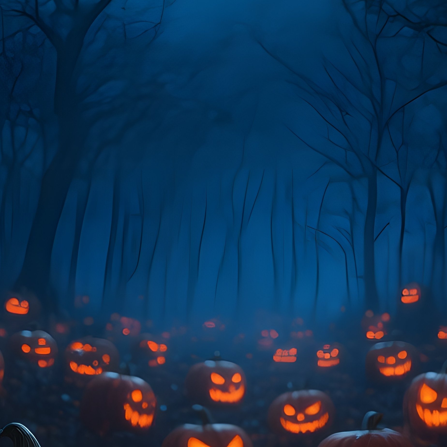 Glowing Jack O Lanterns In A Spooky Forest Halloween Pumpkin - Full Resolution Quality Preview