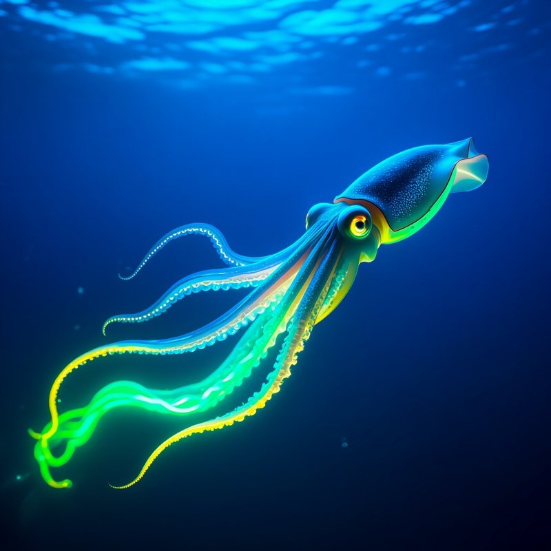 Glowing Squid Leaving Trails Of Light Underwater Image