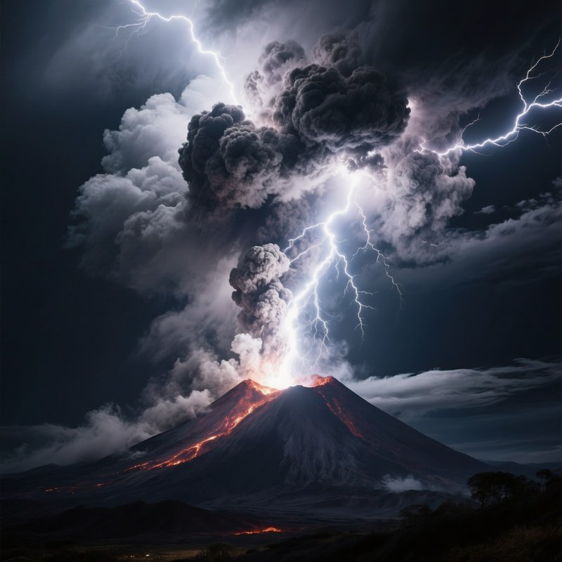 Glowing Volcanic Lightning Storm Inside Ash Cloud At Night