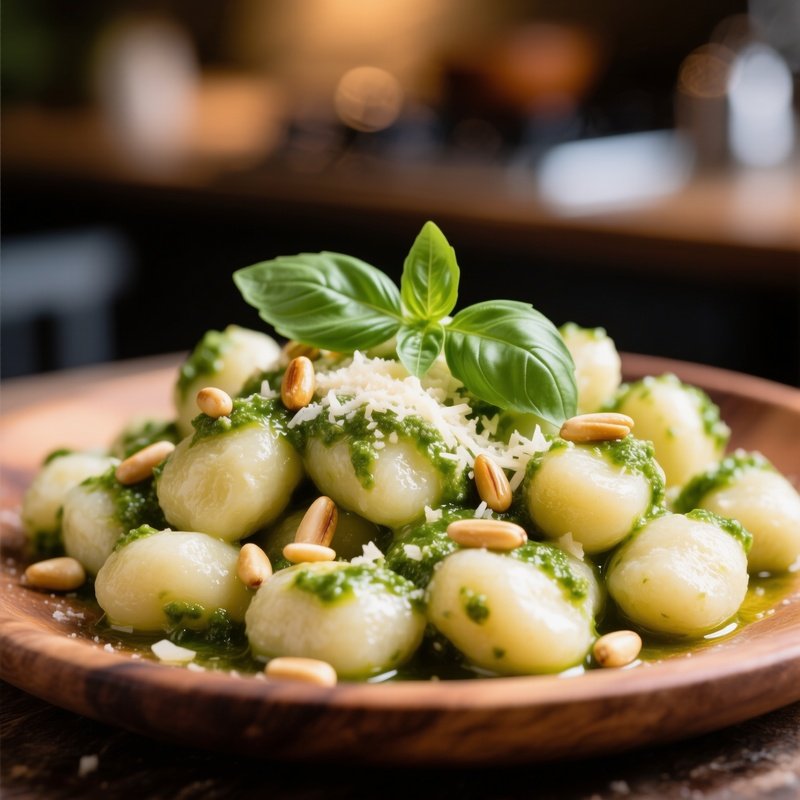 Gnocchi Al Pesto Potato Dumplings Coated In Fresh Basil Pesto With Pine Nuts Garlic Parmesan And Olive Oil