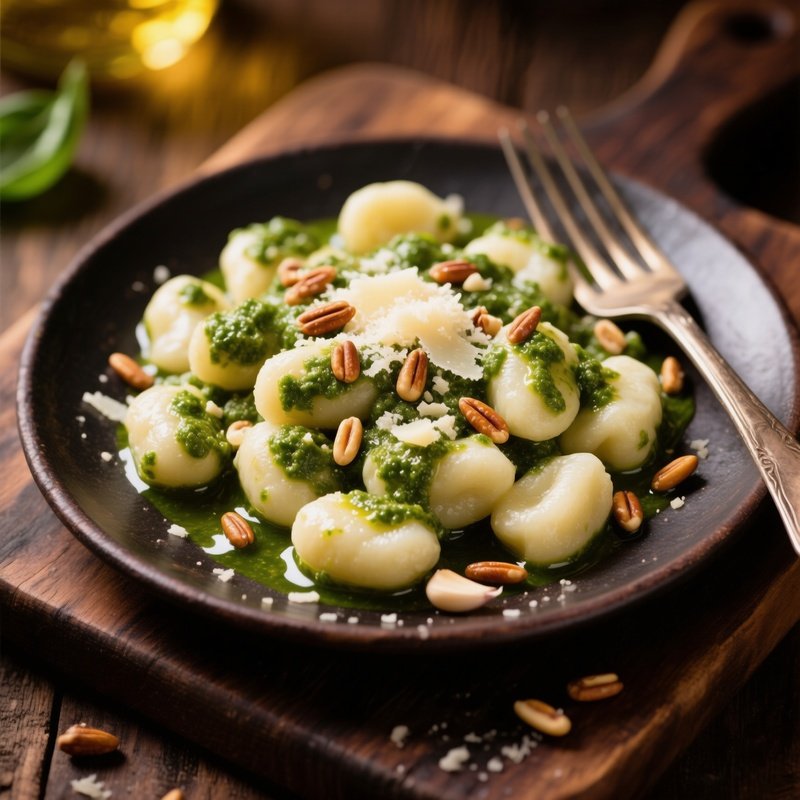 Gnocchi Al Pesto Potato Dumplings Coated In Fresh Basil Pesto With Pine Nuts Garlic Parmesan Olive Oil