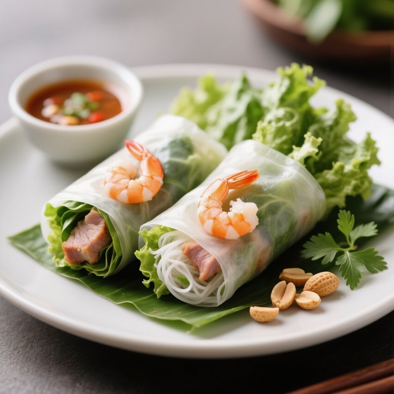 Gỏi Cuốn Fresh Spring Rolls Wrapped In Rice Paper With Shrimp, Pork, Vermicelli, Lettuce, Herbs, And Peanut Dipping Sauce