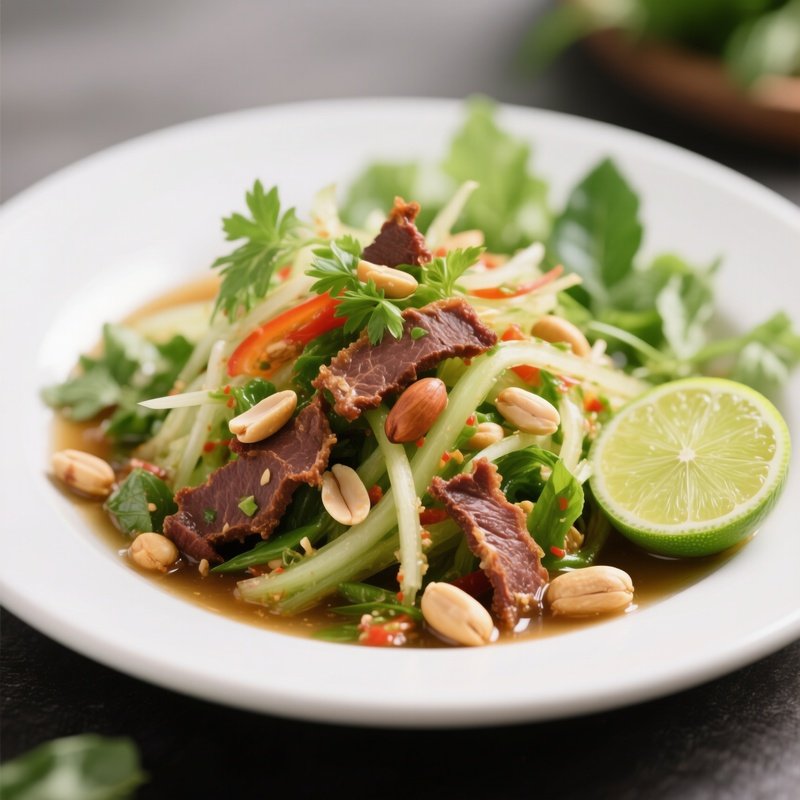 Gỏi Đu Đủ Green Papaya Salad With Dried Beef, Herbs, Peanuts, And Lime Dressing