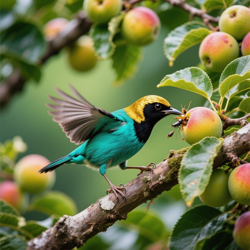 Golden Hooded Tanager Foraging In Fruiting Tree