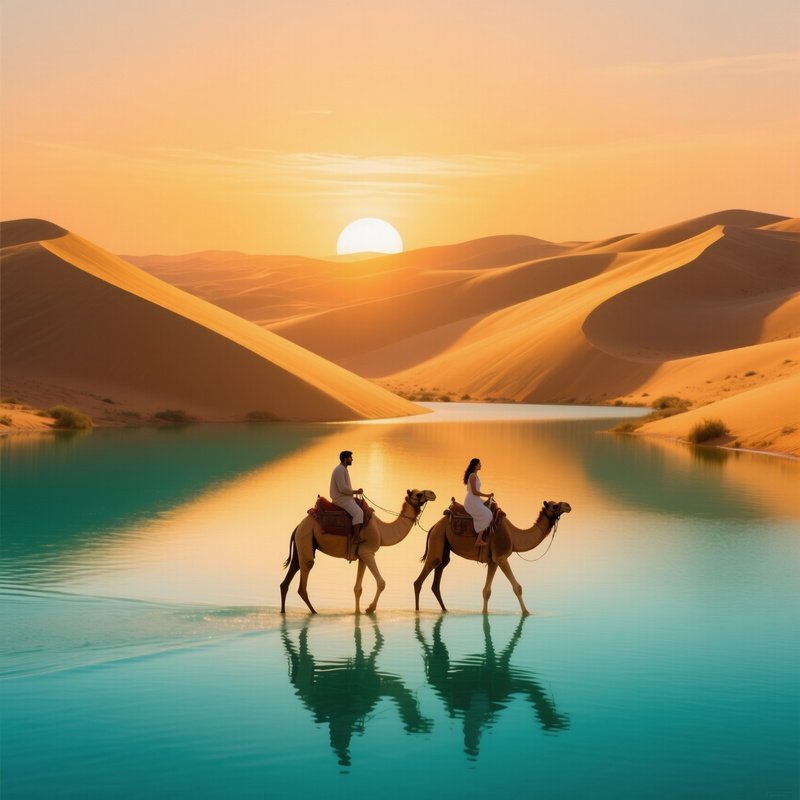 Golden Hour Desert Oasis With Nomadic Couple On Camels