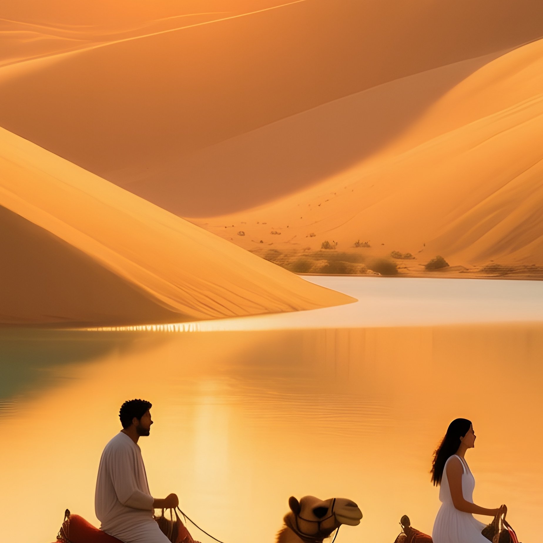 Golden Hour Desert Oasis With Nomadic Couple On Camels - Full Resolution Quality Preview