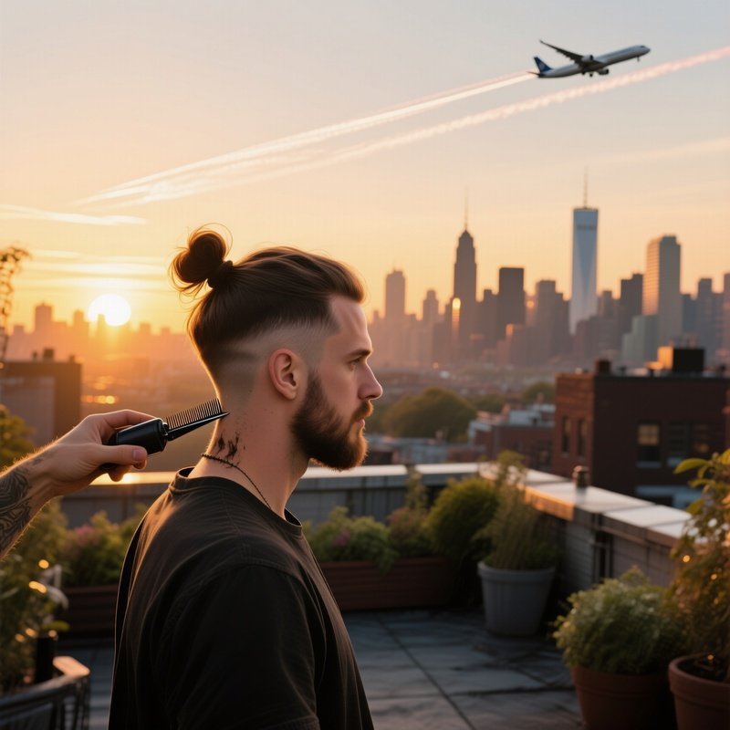 Golden Hour On A Rooftop Garden, A Hipster With A Man‑Bun Having His Hair Trimmed Into A Soft Fade,