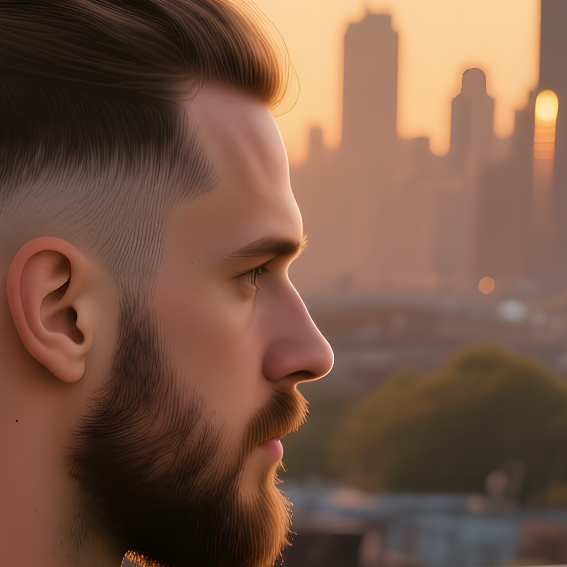 Golden Hour On A Rooftop Garden, A Hipster With A Man‑Bun Having His Hair Trimmed Into A Soft Fade, - Full Resolution Quality Preview