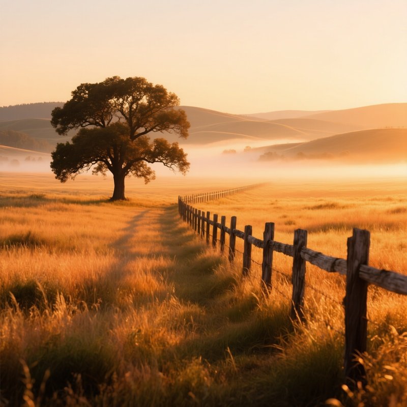 Golden Hour Prairie With Oak Tree And Fence