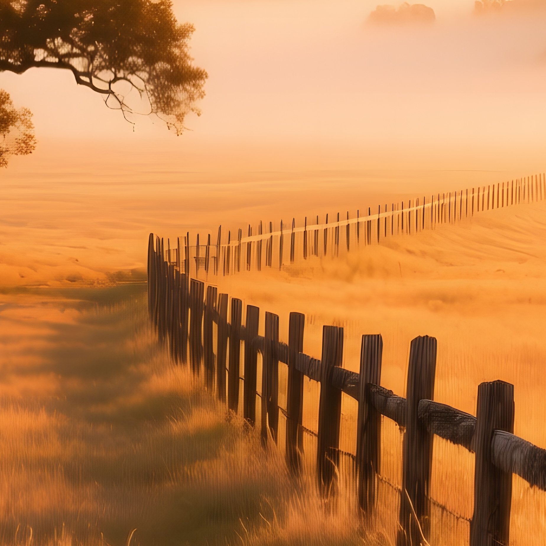 Golden Hour Prairie With Oak Tree And Fence - Full Resolution Quality Preview