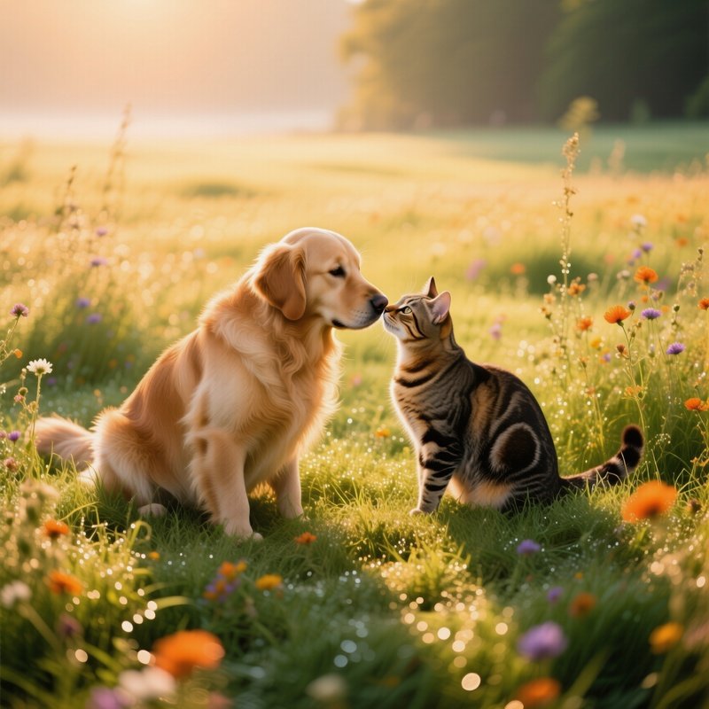 Golden Retriever Tabby Cat Gentle Kiss Meadow