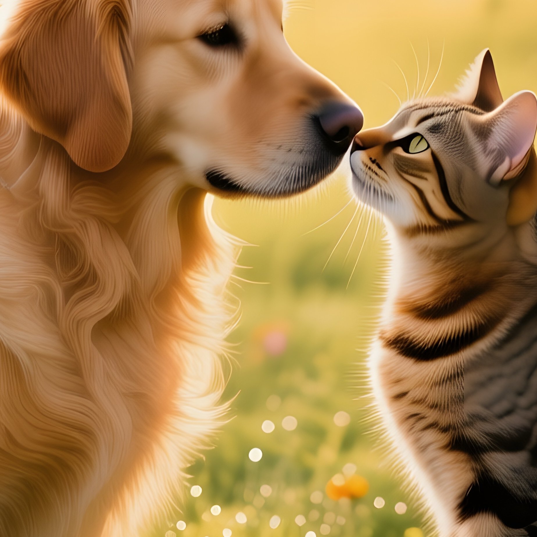 Golden Retriever Tabby Cat Gentle Kiss Meadow - Full Resolution Quality Preview