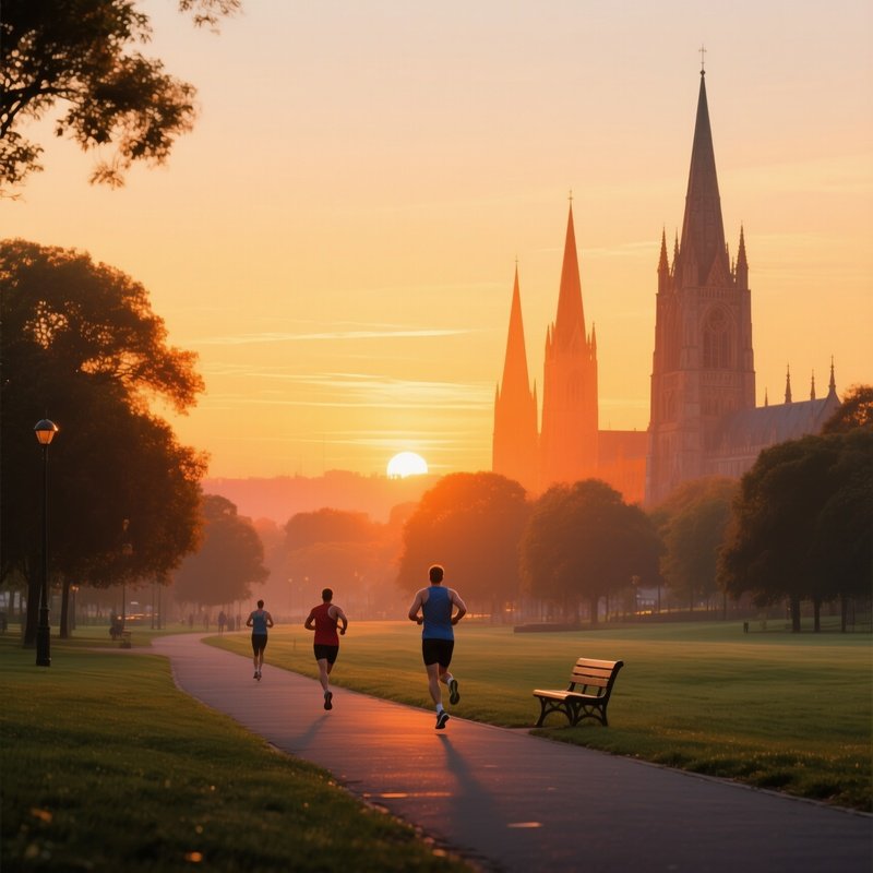 Golden Sunrise Over The Horizon, Painting The Spires Of The Towers In Warm Orange Hues While Early