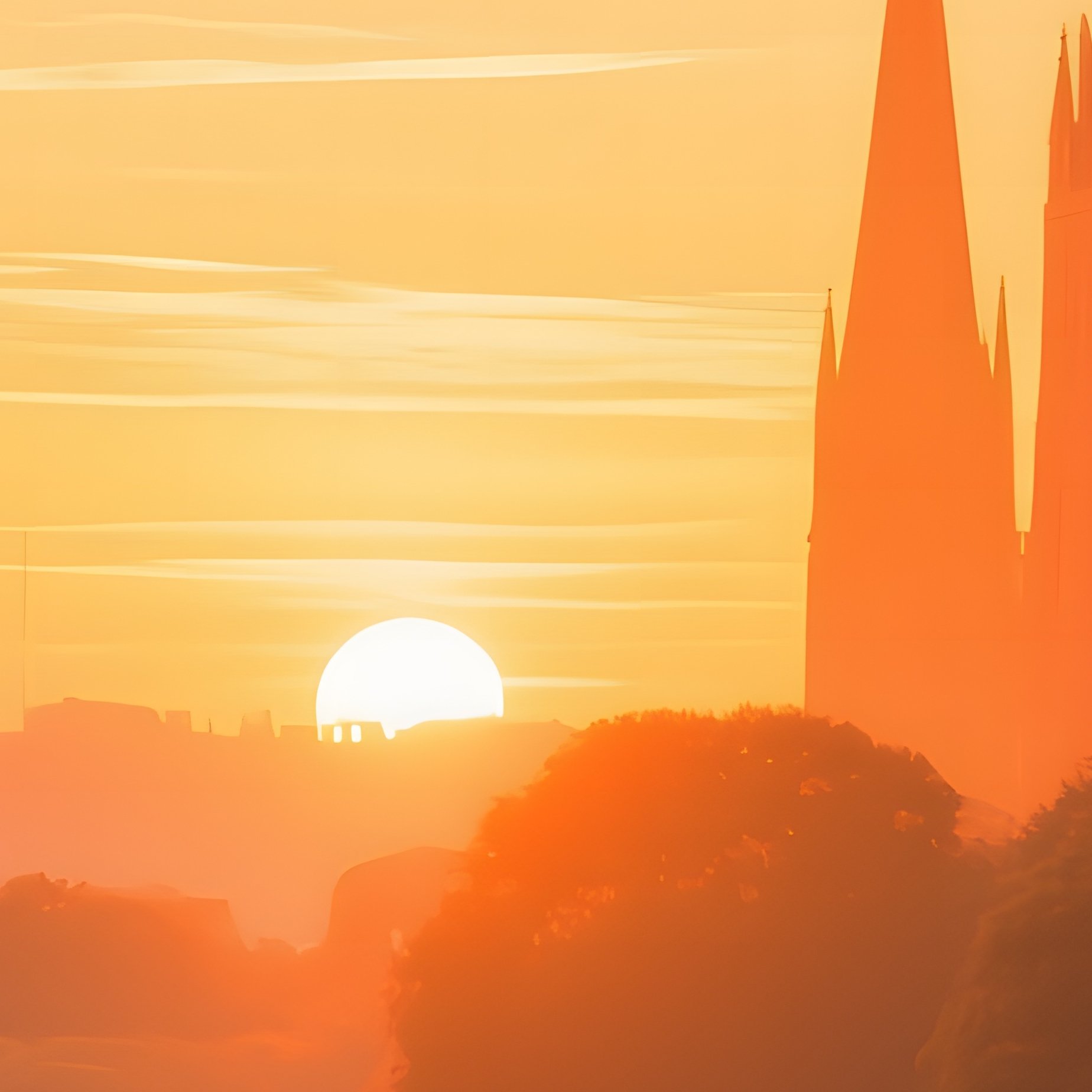 Golden Sunrise Over The Horizon, Painting The Spires Of The Towers In Warm Orange Hues While Early - Full Resolution Quality Preview