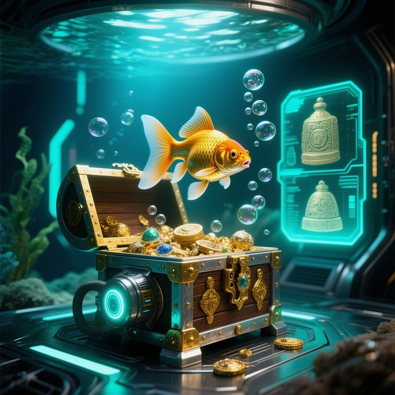 Goldfish Swimming Near Bubbling Treasure Chest Ornament Science Fiction