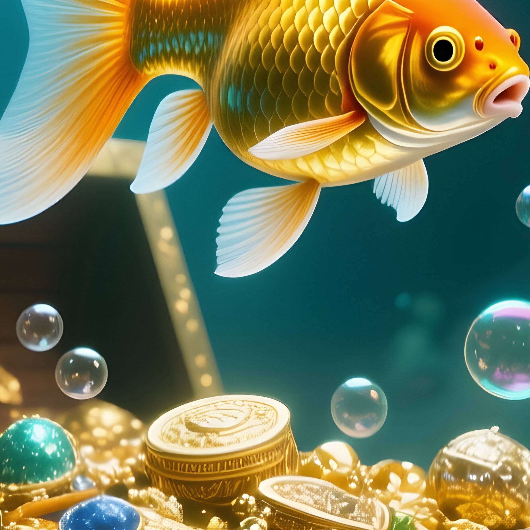 Goldfish Swimming Near Bubbling Treasure Chest Ornament Science Fiction - Full Resolution Quality Preview