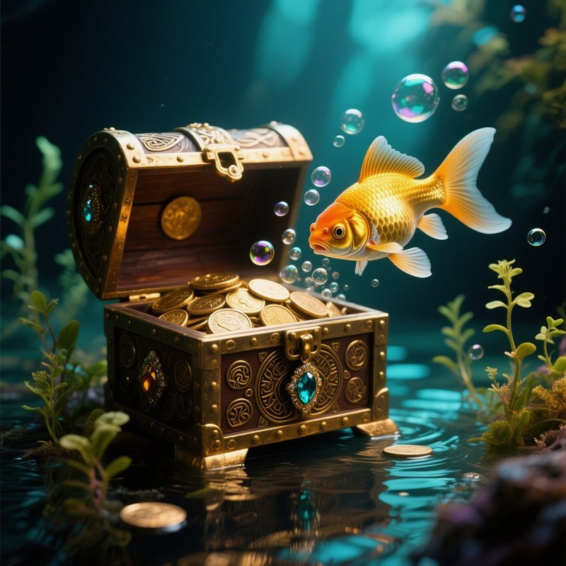 Goldfish Swimming Near Bubbling Treasure Chest Ornament