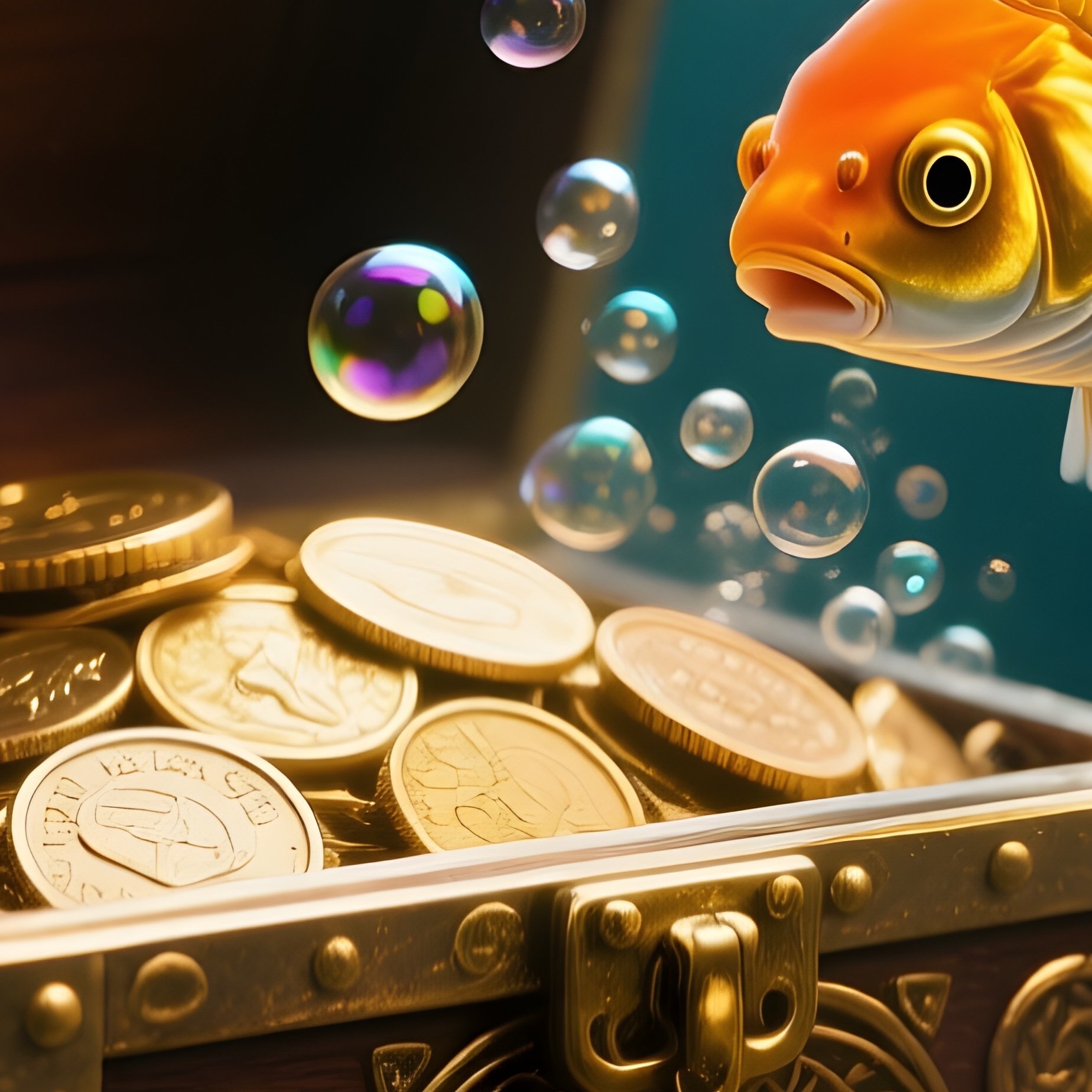 Goldfish Swimming Near Bubbling Treasure Chest Ornament - Full Resolution Quality Preview