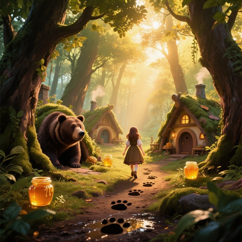 Goldilocks Discovering Bear Homes In Enchanted Forest At Dawn
