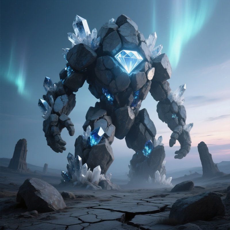 Golem Made Of Rocks And Geodes With Glowing Diamond Eyes