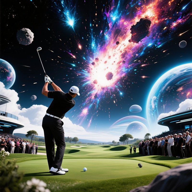 Golfer Teeing Off Under Meteor Showers Fantasy