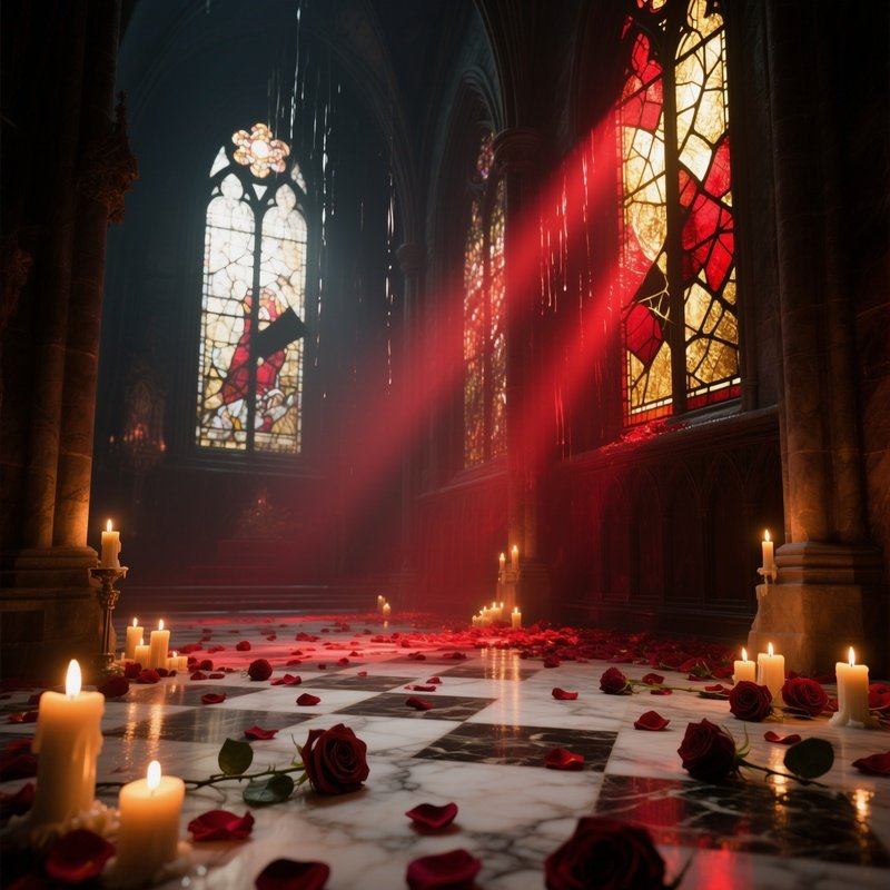 Gothic Cathedral Interior Bathed In Dim Candlelight