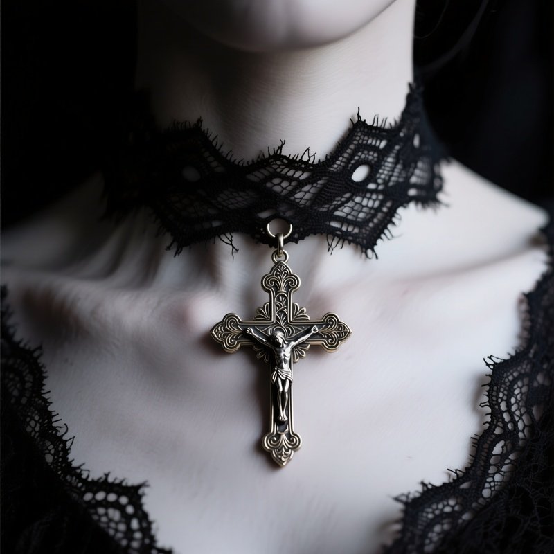 Gothic Lace Choker With Crucifix Pendant