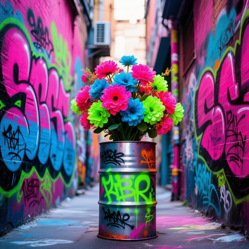 Graffiti Alley With Neon Flower Barrel