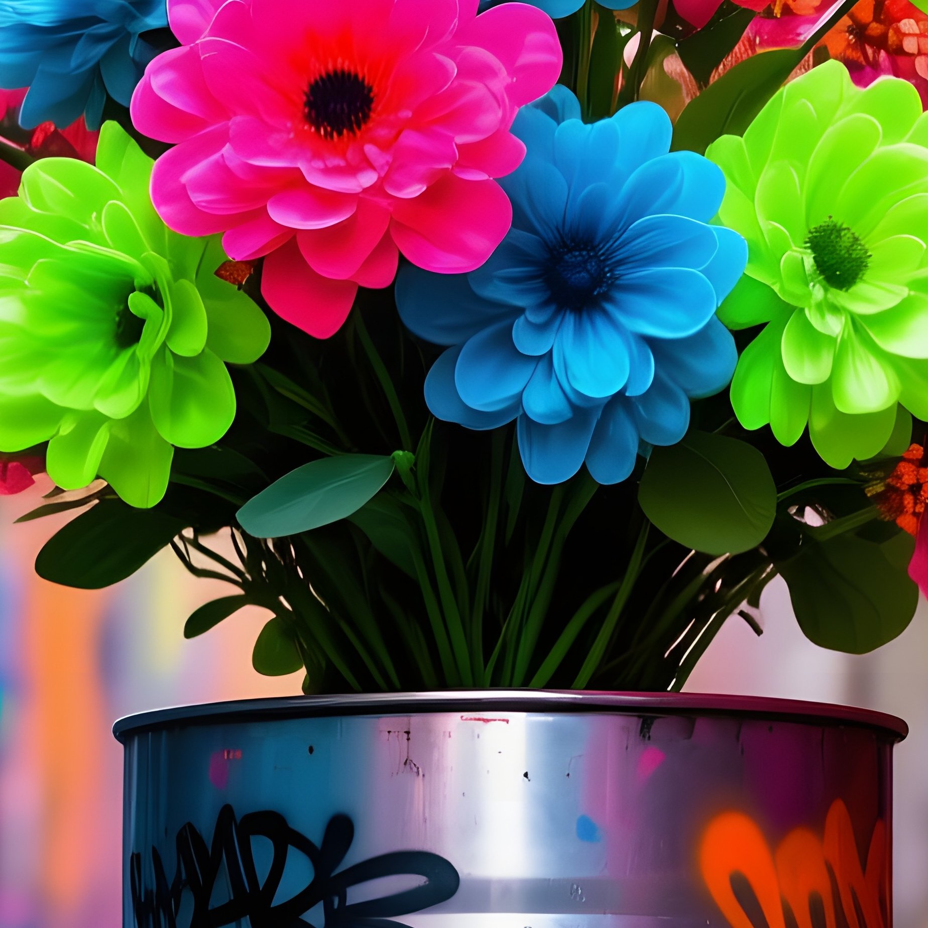 Graffiti Alley With Neon Flower Barrel - Full Resolution Quality Preview