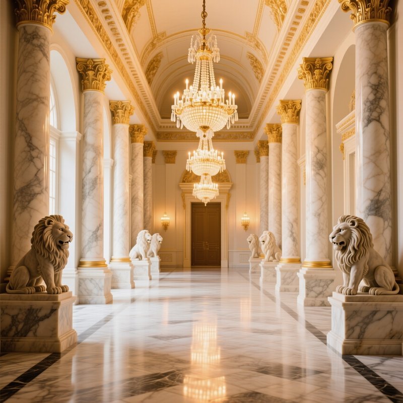 Grand Hall With Marble Columns And Stone Lions