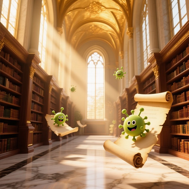 Grand Library Hall With Cartoon Viruses On Scrolls