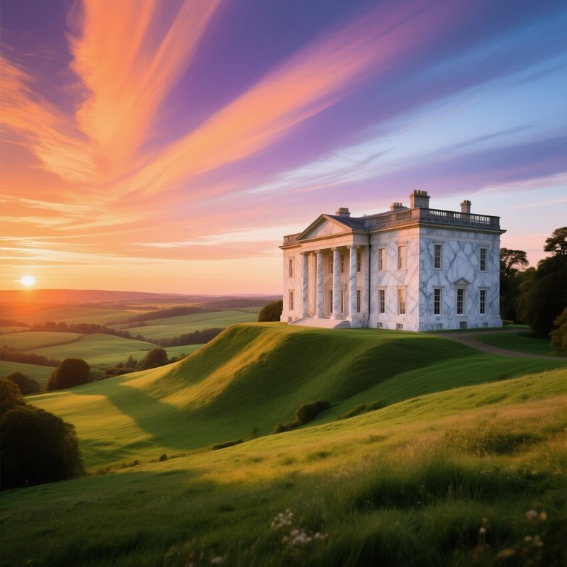 Grand Mansion On Hill At Sunset