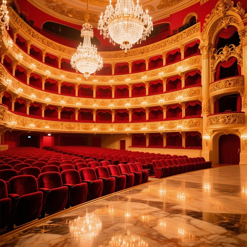Grand Opera House Interior Velvet Seats Gold Clay Balconies Chandeliers