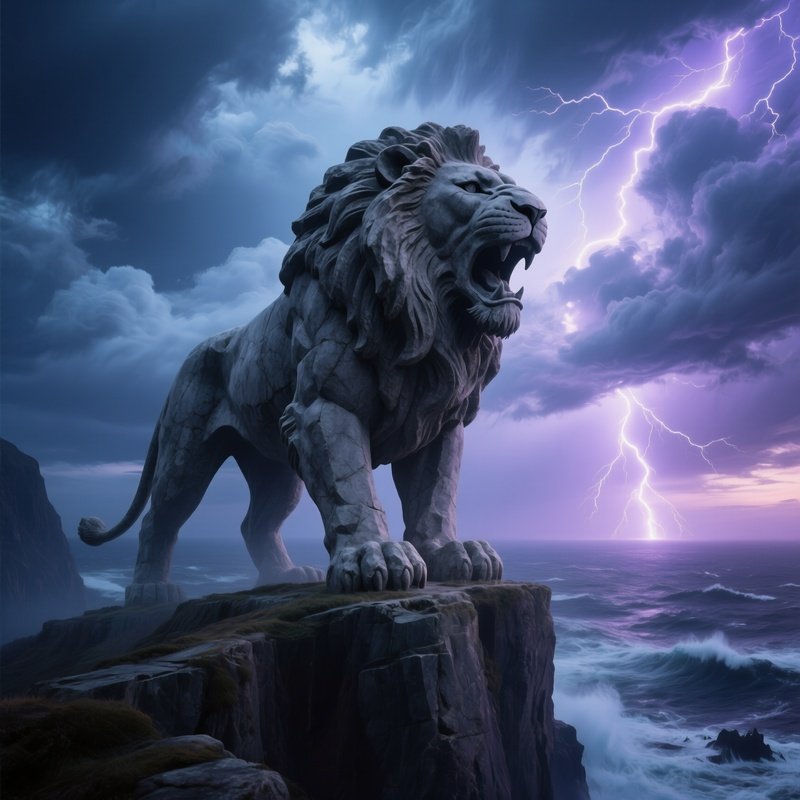 Granite Lioness Roaring Over Stormy Sea At Twilight