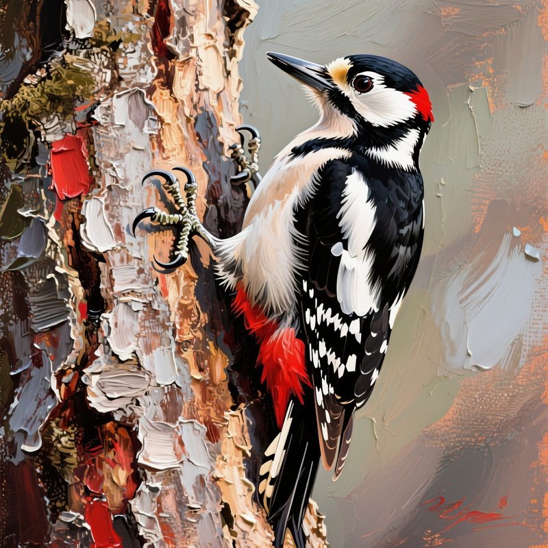 Great Spotted Woodpecker Impasto Tree Trunk